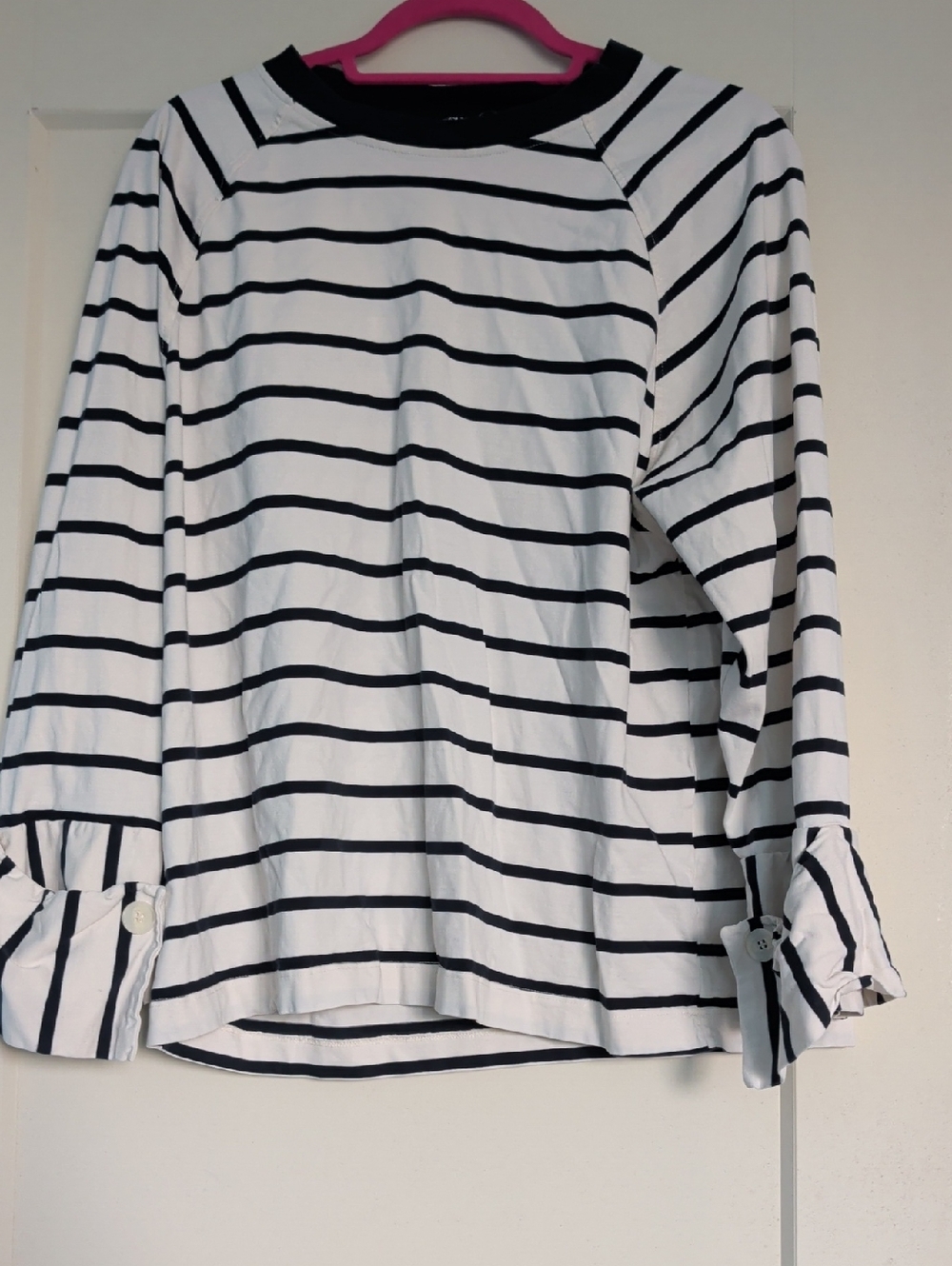 Zara White and Black Striped Long-Sleeve Top with Ruffle Cuffs
